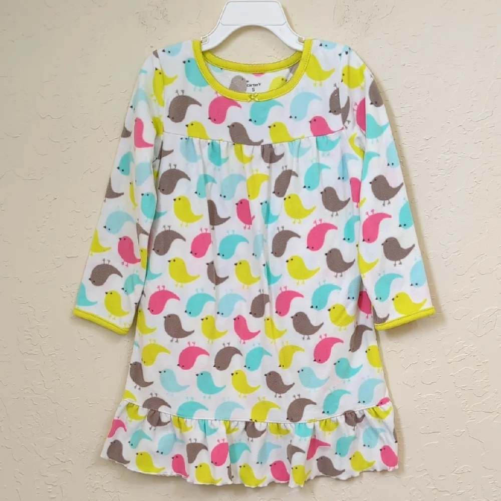 3/$20🌟 Carter's Multicolor Bird Print Fleece Long Sleeve Nightgown Size Small